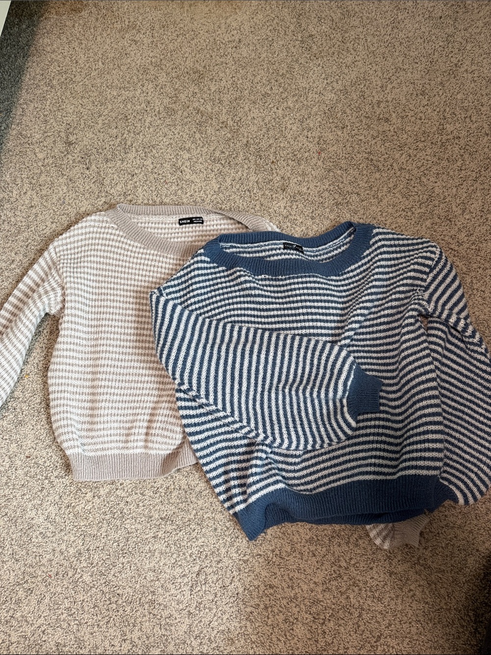 SHEIN Off-Shoulder Striped Sweater - Blue & Cream